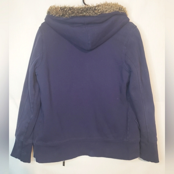 ROXY Blue White Jacket Hoodie Fur Trim Zipper Winter Snap Buttons Size M - Picture 2 of 8